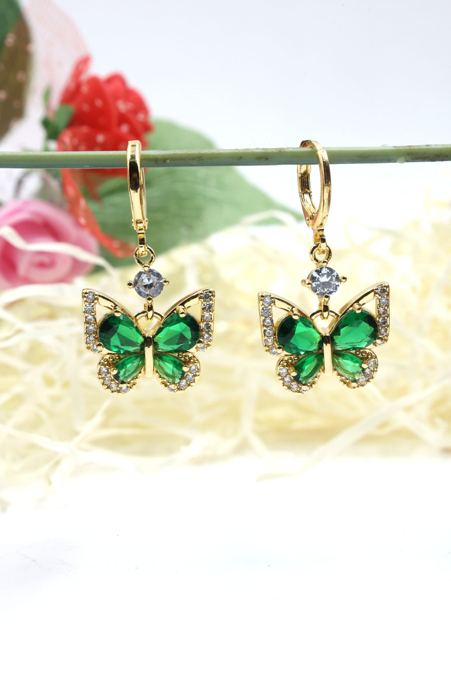 Emerald Butterfly Drop Earrings - Image 3