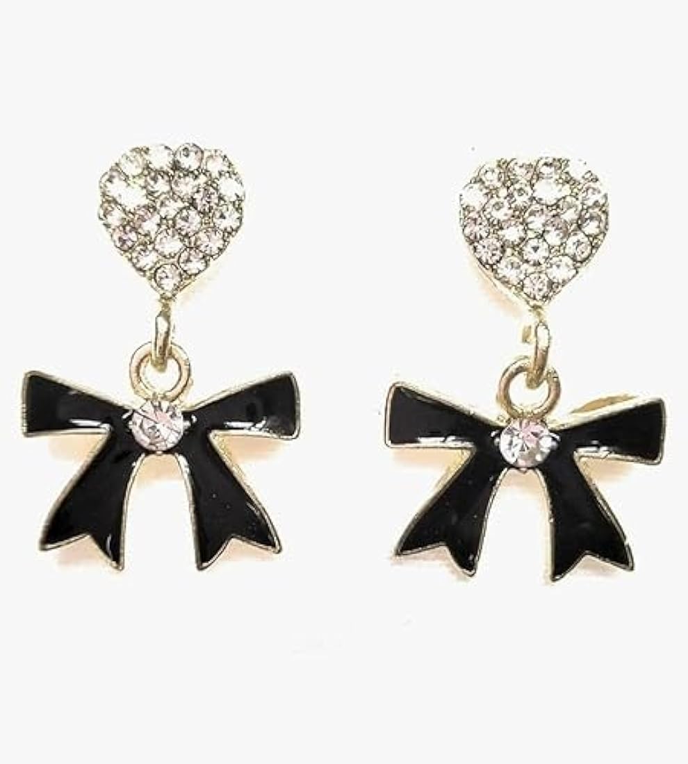 Black Bow Heart Drop Earrings - Image 3