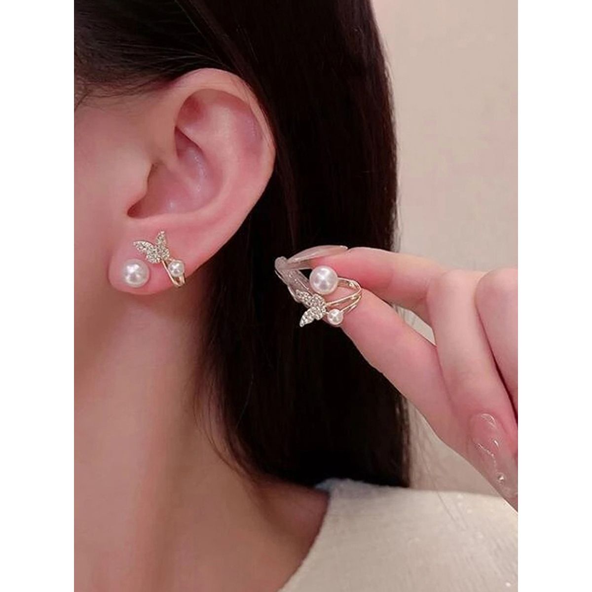Butterfly Pearl Drop Earrings - Image 3