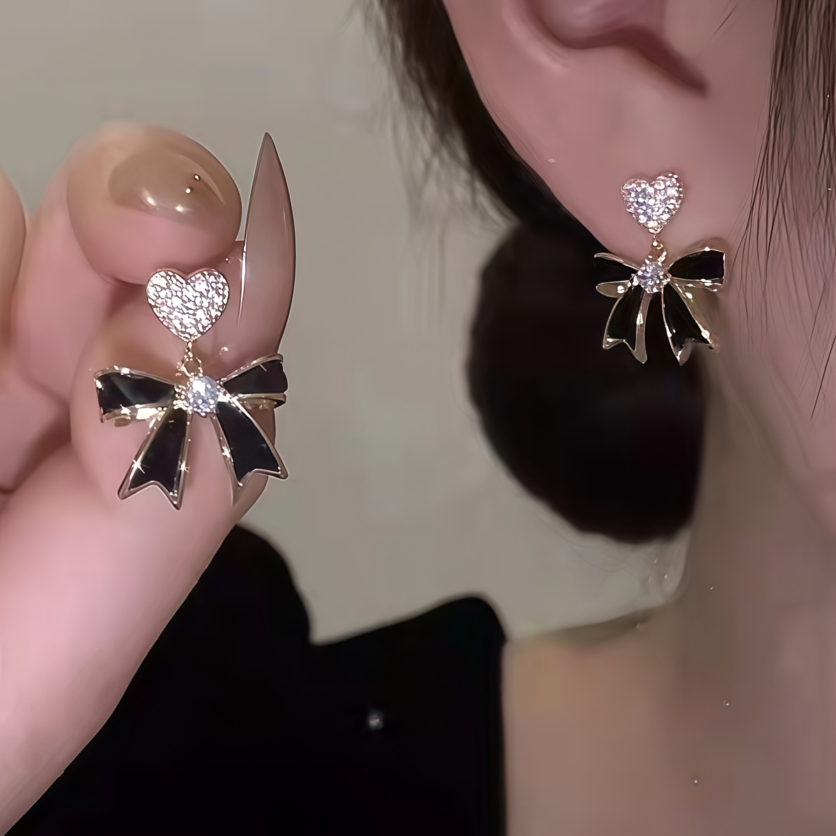 Black Bow Heart Drop Earrings - Image 2