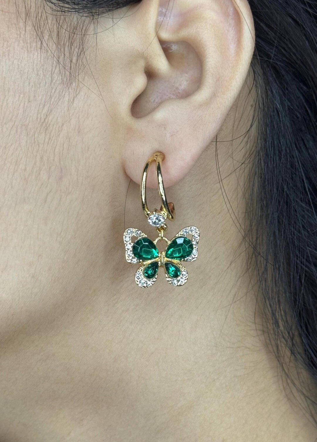 Emerald Butterfly Drop Earrings - Image 2