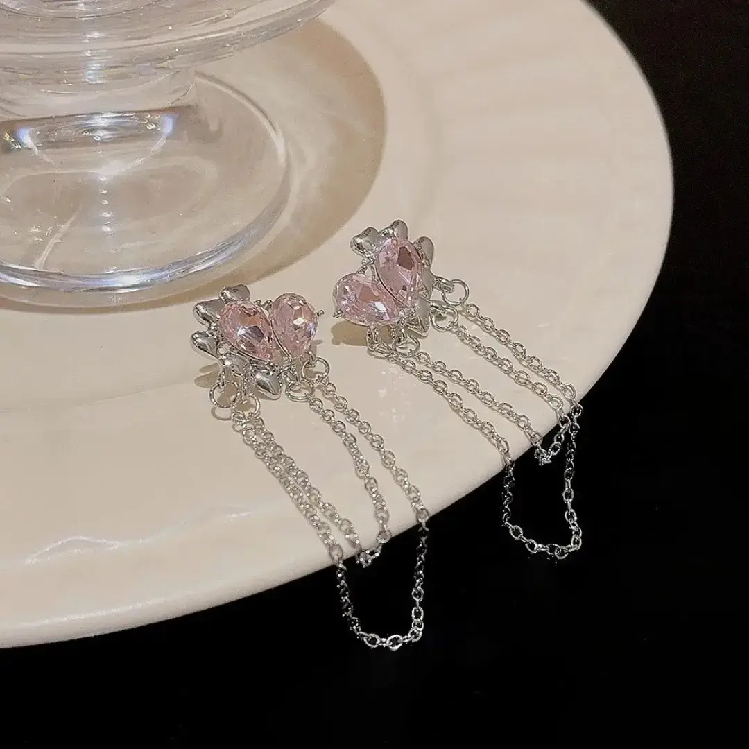 Pink Crystal Chain Earrings - Image 2